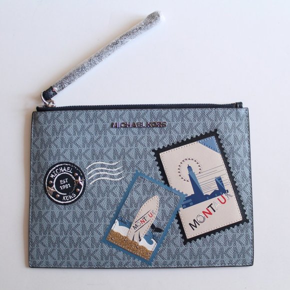 Michael Kors Montauk Clutch Saffiano Leather Pale Blue Authentic - Picture 2 of 5